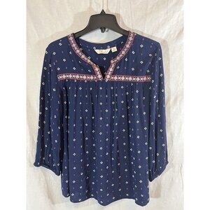 Caffe Marrakesh Women’s Navy Floral Medium Long Sleeve Embroidered Rayon Blouse